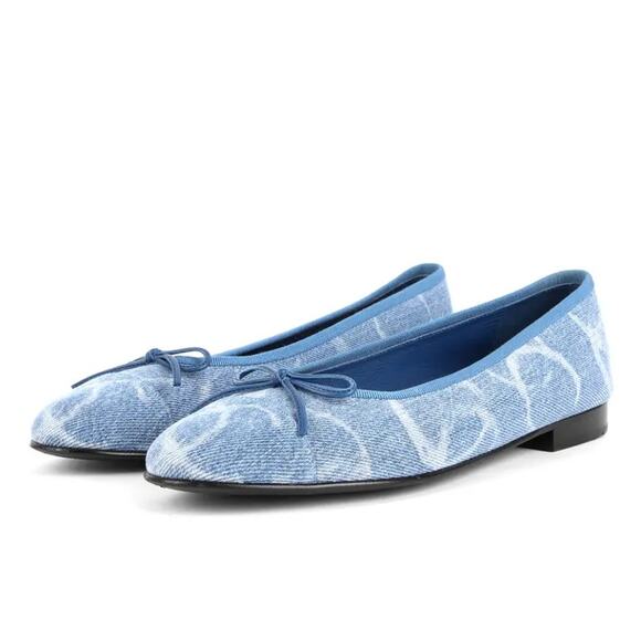 NEW Chanel Denim Printed CC Cap Toe Ballerina Flats Shoes Light Blue Women's 36 - Picture 2 of 10